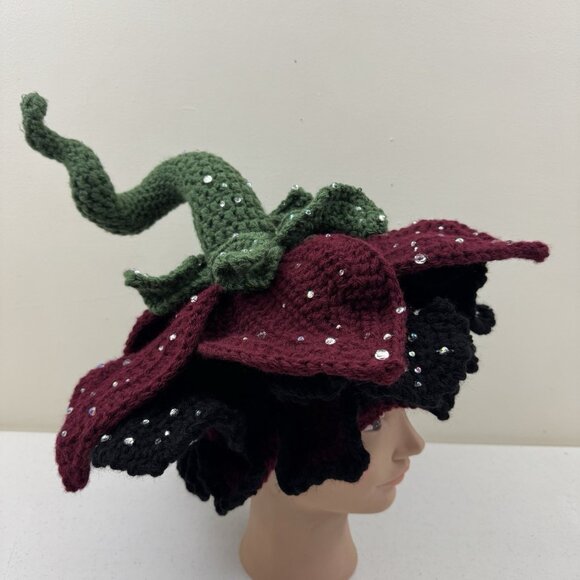 Handmade Crochet Flower Hat Green Stem & Red & Black Petals Fairy Hat Costume